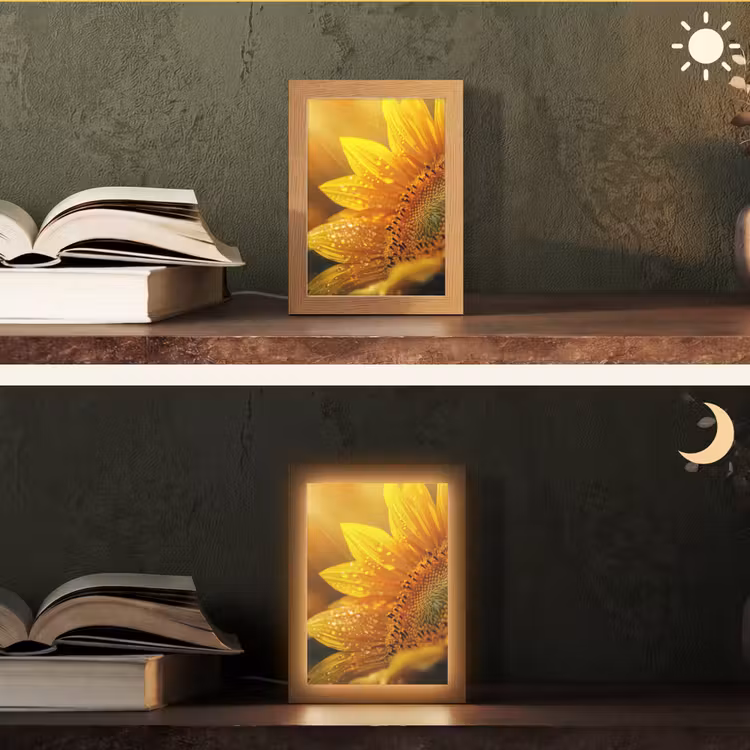 Zonnebloem - Dauwdruppels - Geel - Zonlicht Light Box met kabel (Tafellamp) klein -sfeer3