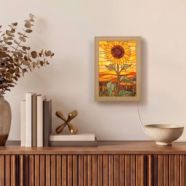 Zonnebloem - Mozaïek - Zonsondergang - Geel Light Box met kabel (Tafellamp) klein -sfeer2