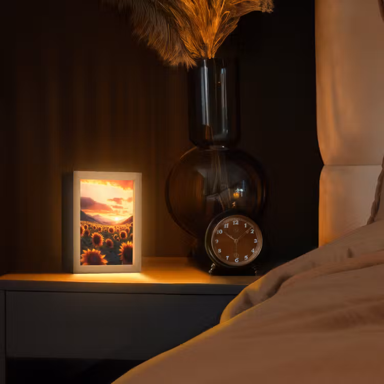 Zonnebloemen - Zonsondergang - Landschap Light Box met kabel (Tafellamp) klein -sfeer1