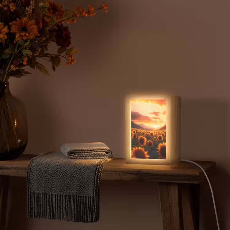 Zonnebloemen - Zonsondergang - Landschap Light Box met kabel (Tafellamp) klein -sfeer4