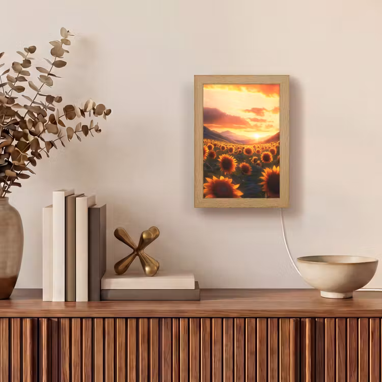 Zonnebloemen - Zonsondergang - Landschap Light Box met kabel (Tafellamp) klein -sfeer2