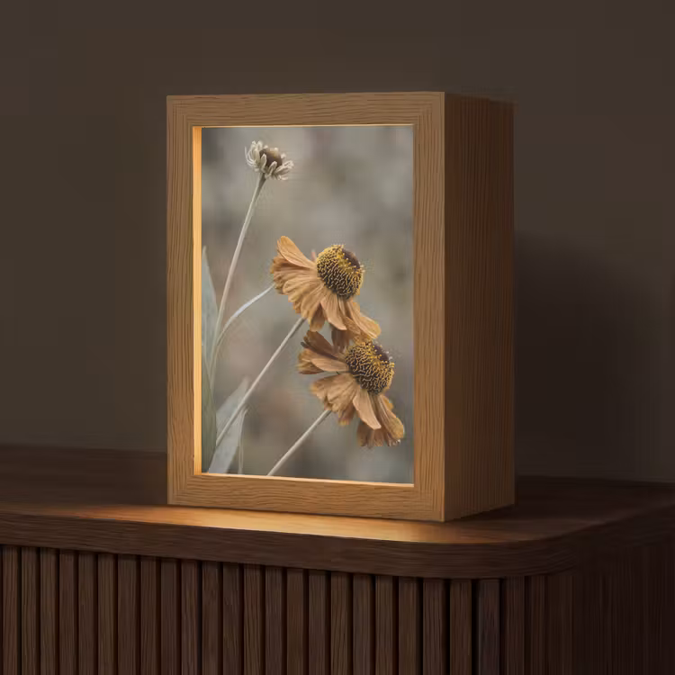Zonnehoed - Droogbloemen - Geel - Warm Light Box met kabel (Tafellamp) klein -z3d_website