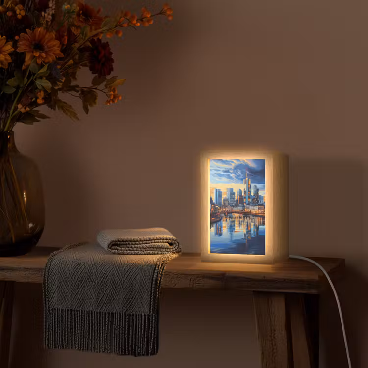 Zonsondergang Frankfurt - Stad - Skyline - Water Light Box met kabel (Tafellamp) klein -sfeer4