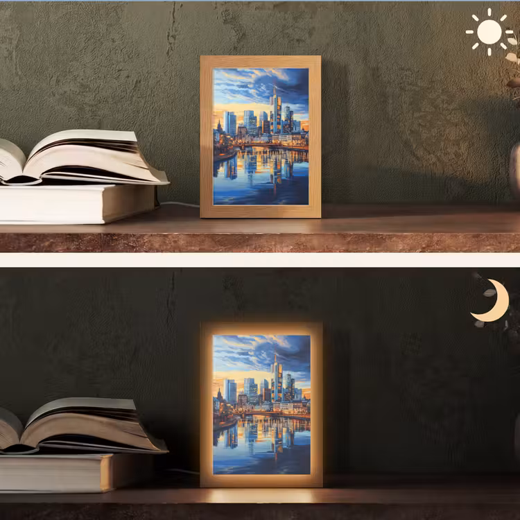 Zonsondergang Frankfurt - Stad - Skyline - Water Light Box met kabel (Tafellamp) klein -sfeer3