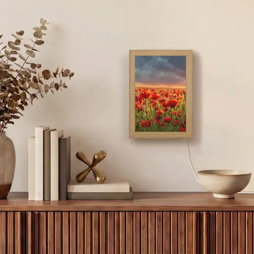 Zonsondergang - Klaprozen - Rood - Bloemen - Veld - Natuur Light Box met kabel (Tafellamp) klein -sfeer2