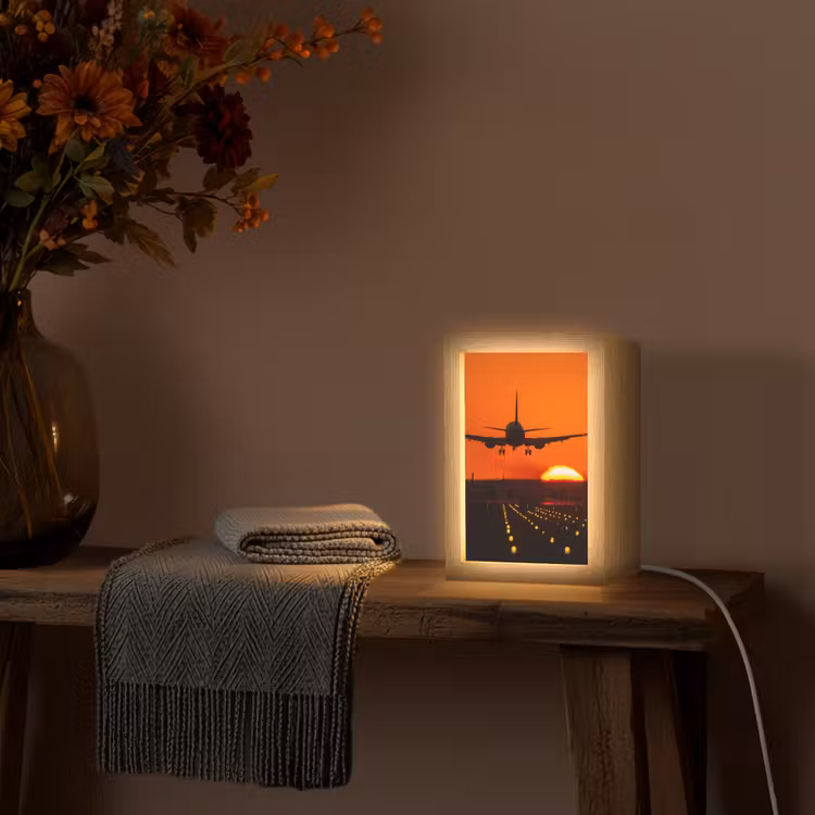 Zonsondergang - Vliegtuig - Oranje - Zon Light Box met kabel (Tafellamp) klein -sfeer4