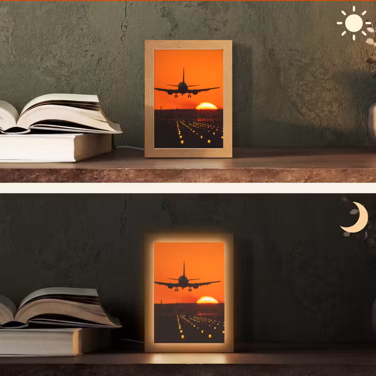 Zonsondergang - Vliegtuig - Oranje - Zon Light Box met kabel (Tafellamp) klein -sfeer3