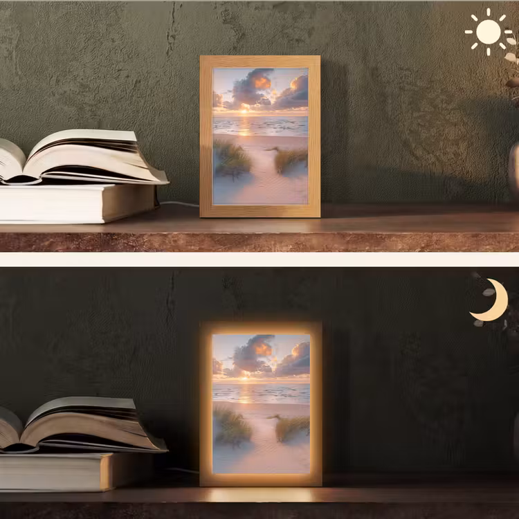 Zonsondergang - Zee - Strand - Duinen - Natuur Light Box met kabel (Tafellamp) klein -sfeer3