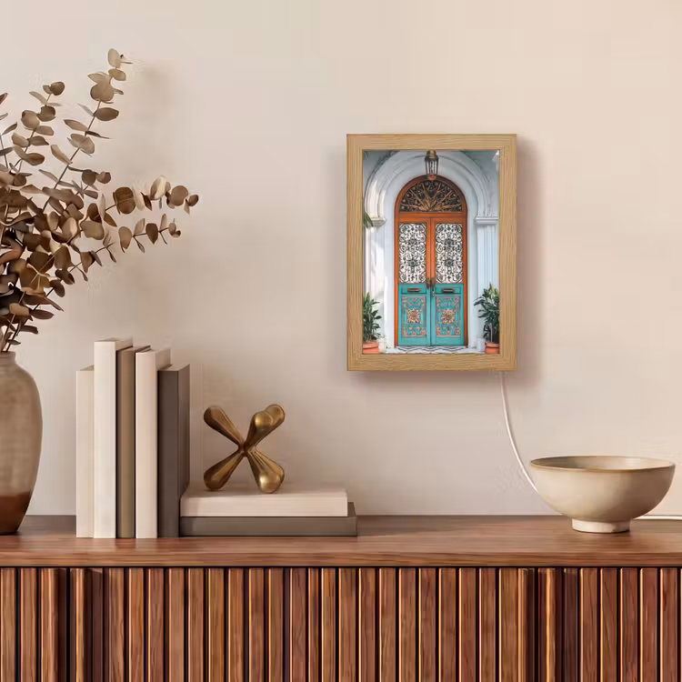 Zuilen - Sierlijke - Deur - Blauw Light Box met kabel (Tafellamp) klein -sfeer2