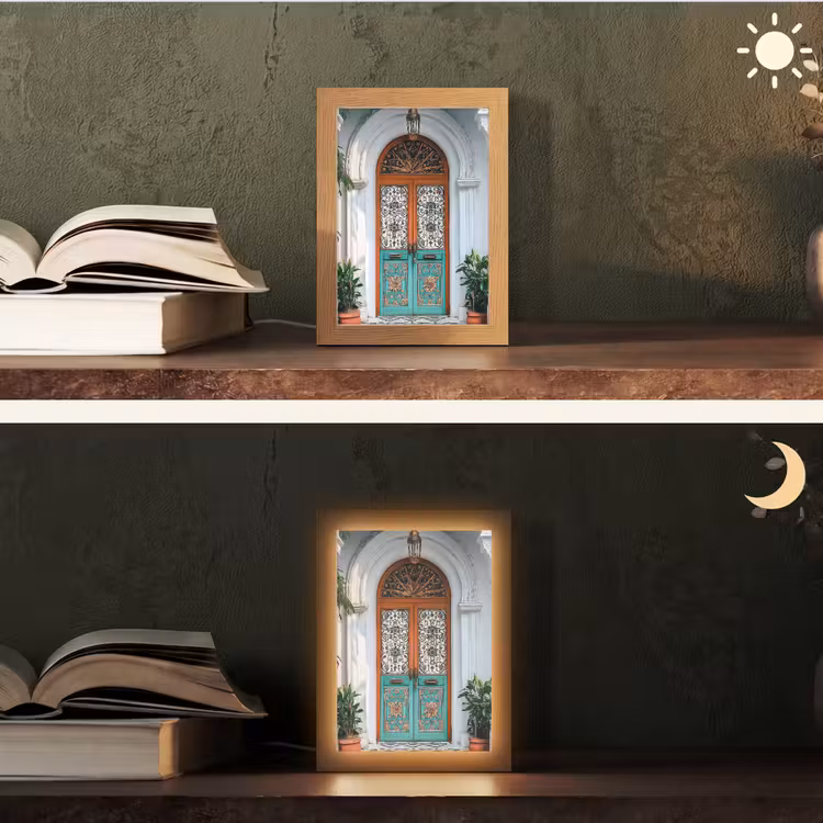 Zuilen - Sierlijke - Deur - Blauw Light Box met kabel (Tafellamp) klein -sfeer3