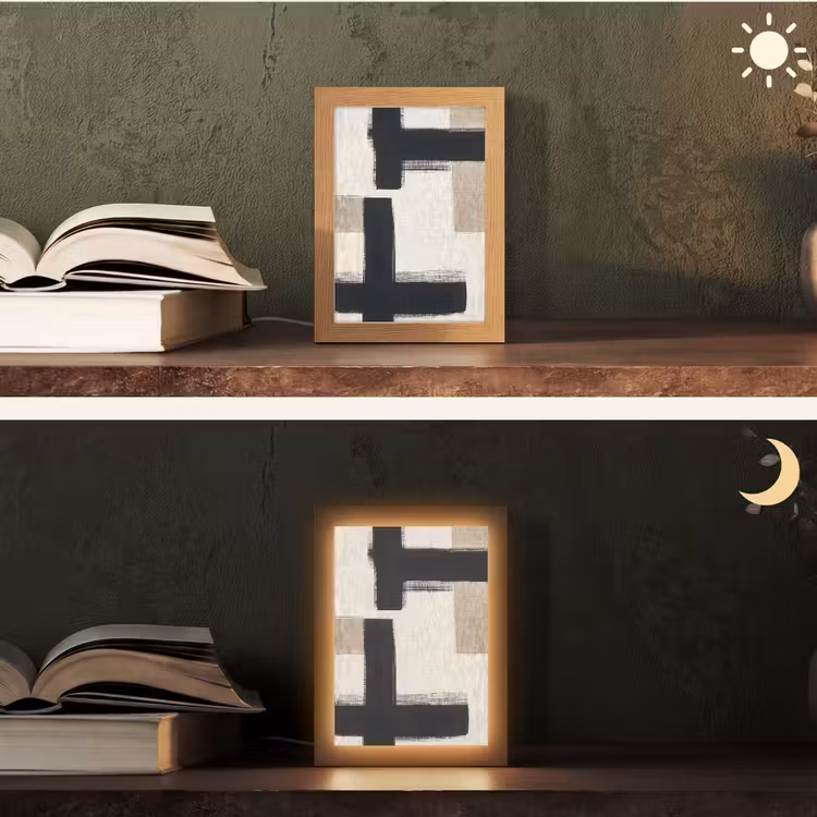 Zwart - Abstract - Japandi Light Box met kabel (Tafellamp) klein -sfeer3