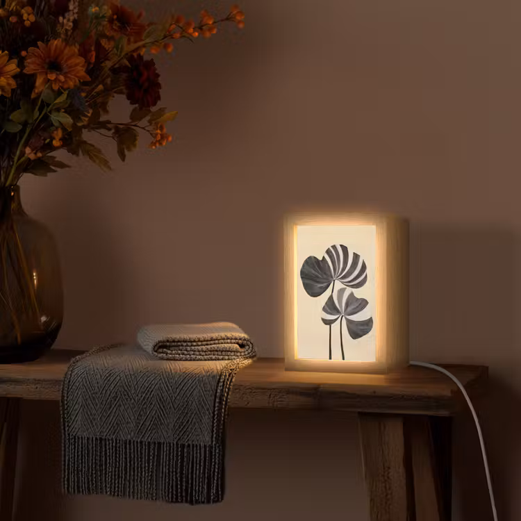 Zwart - Bladeren - Strepen - Minimalistisch Light Box met kabel (Tafellamp) klein -sfeer4