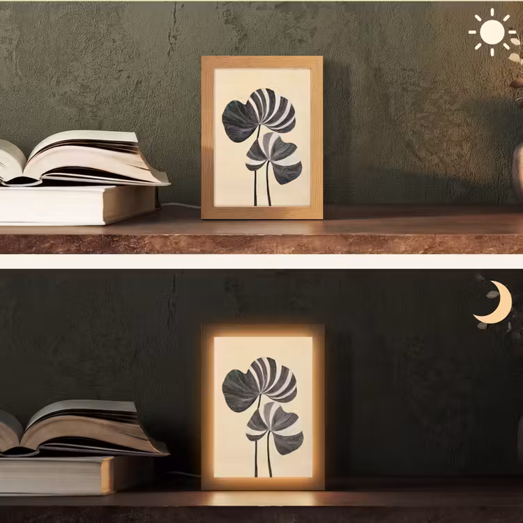 Zwart - Bladeren - Strepen - Minimalistisch Light Box met kabel (Tafellamp) klein -sfeer3