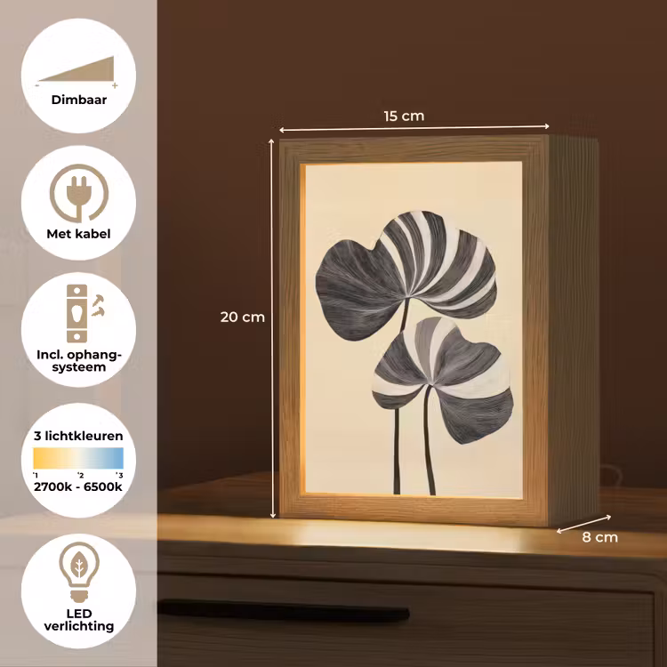 Zwart - Bladeren - Strepen - Minimalistisch Light Box met kabel (Tafellamp) klein -USP_NL