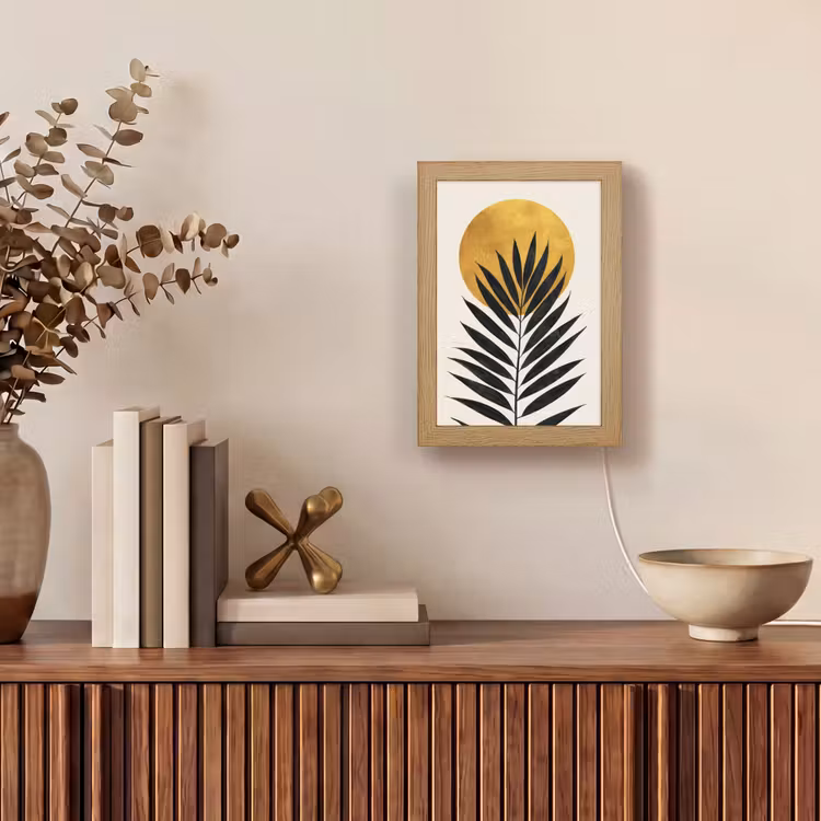 Zwart palmblad - Gouden cirkel - Beige achtergrond Light Box met kabel (Tafellamp) klein -sfeer2