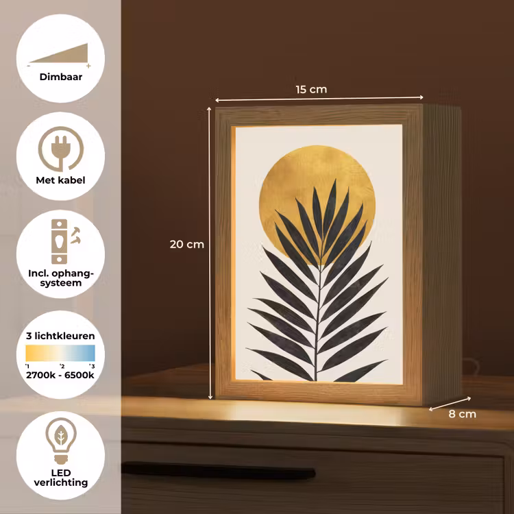 Zwart palmblad - Gouden cirkel - Beige achtergrond Light Box met kabel (Tafellamp) klein -USP_NL