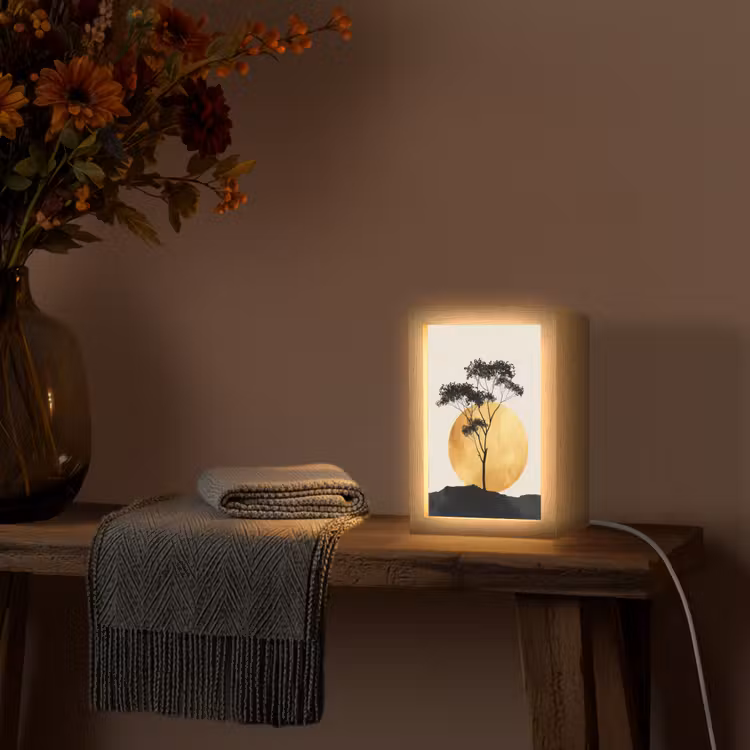 Zwarte boom - Gouden cirkel - Heuvel Light Box met kabel (Tafellamp) klein -sfeer4
