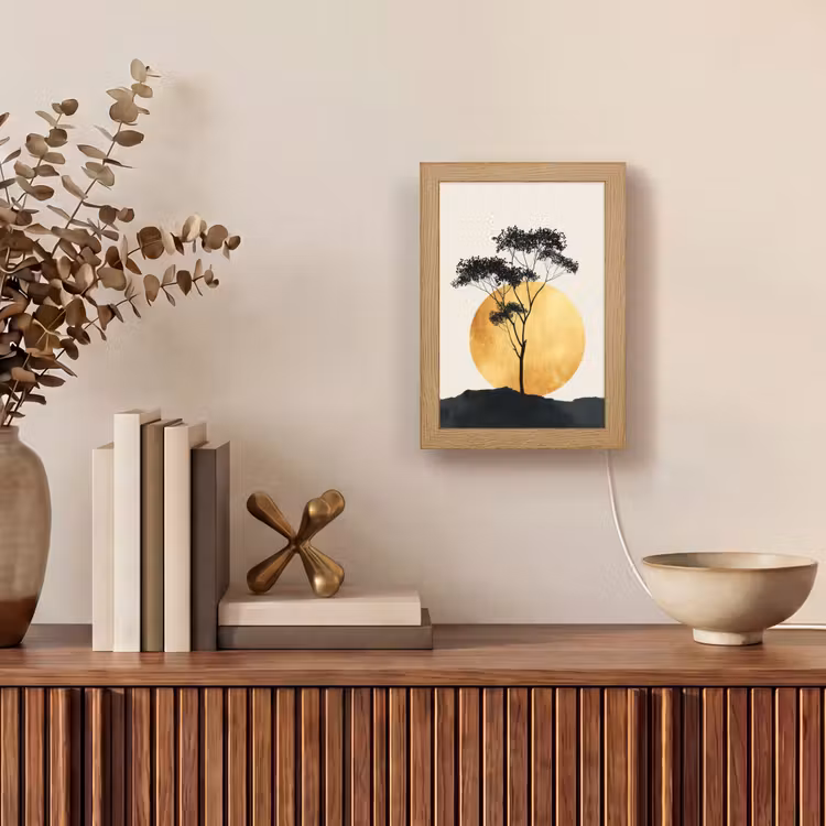 Zwarte boom - Gouden cirkel - Heuvel Light Box met kabel (Tafellamp) klein -sfeer2