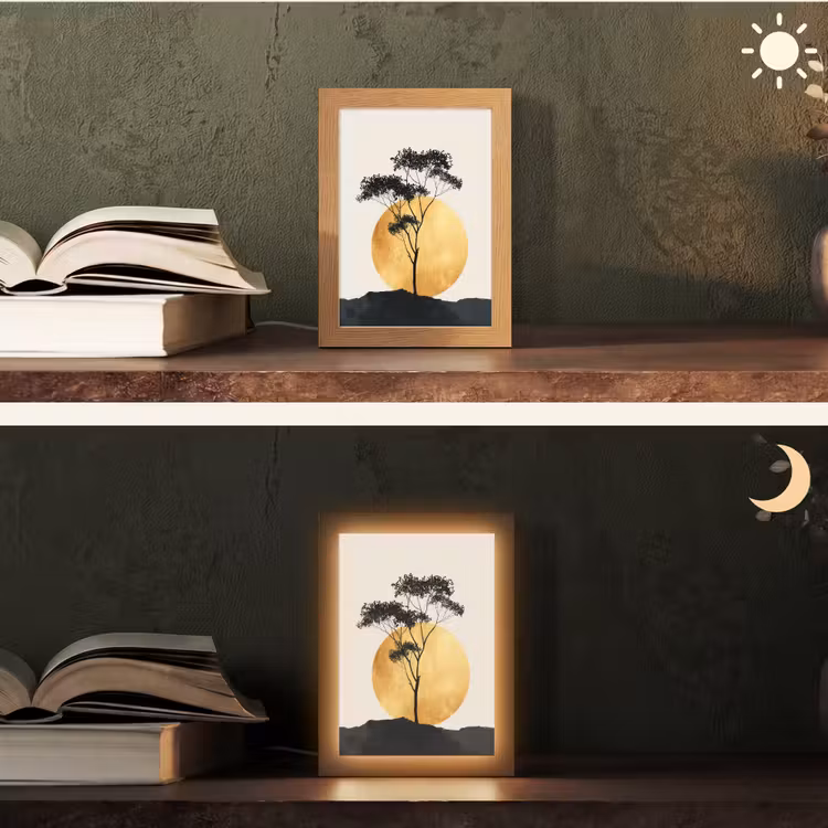 Zwarte boom - Gouden cirkel - Heuvel Light Box met kabel (Tafellamp) klein -sfeer3