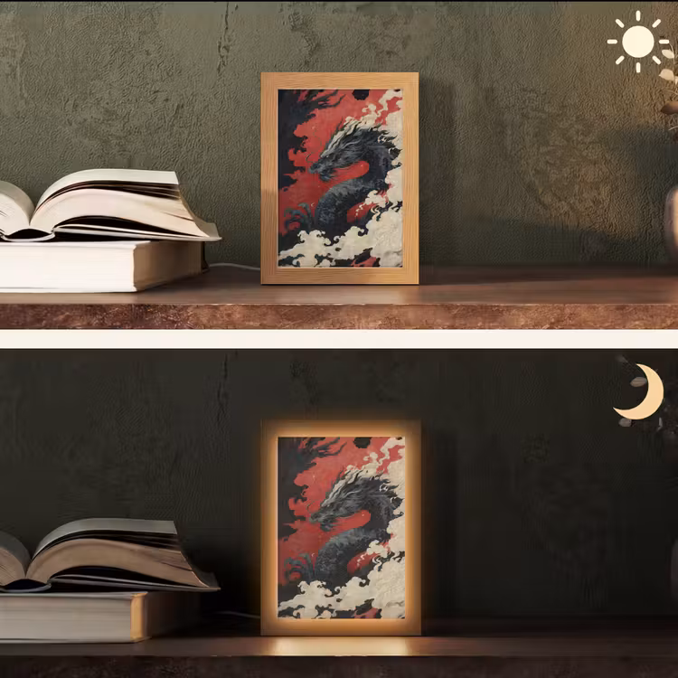 Zwarte draak - Rookwolken - Rood Light Box met kabel (Tafellamp) klein -sfeer3