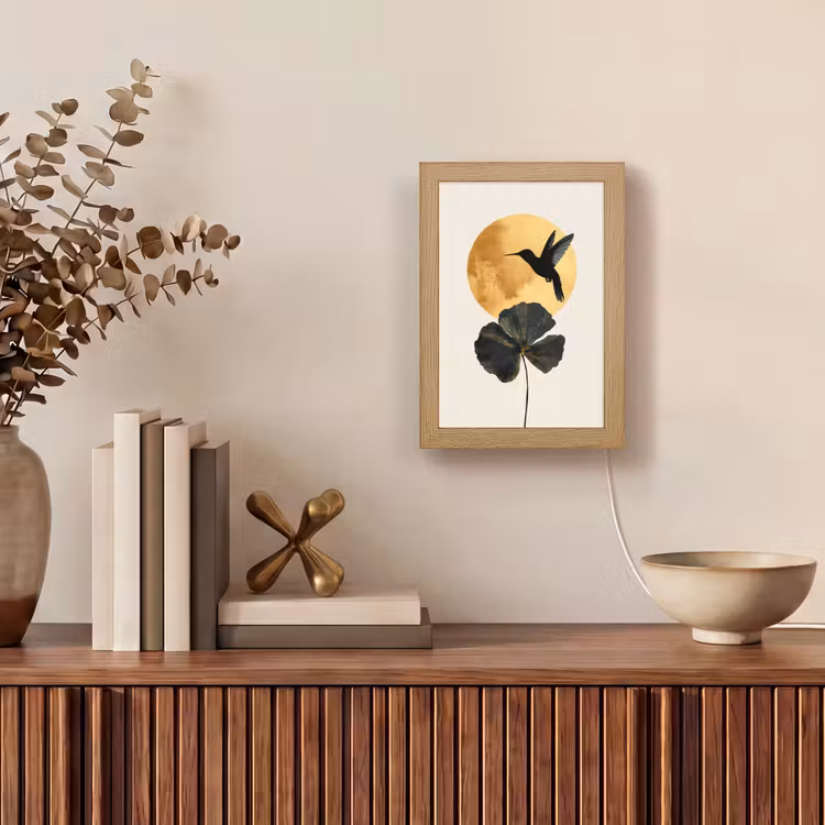 Zwarte kolibrie - Bloem - Gouden cirkel Light Box met kabel (Tafellamp) klein -sfeer2