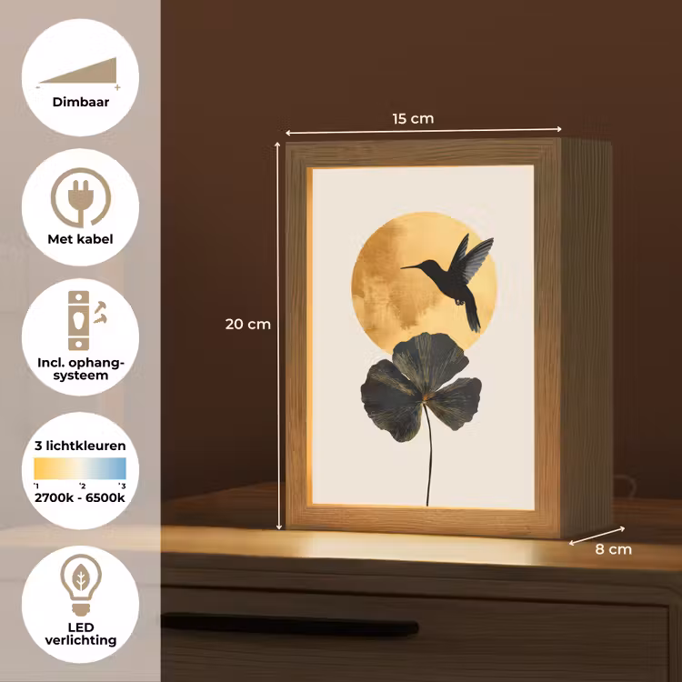 Zwarte kolibrie - Bloem - Gouden cirkel Light Box met kabel (Tafellamp) klein -USP_NL