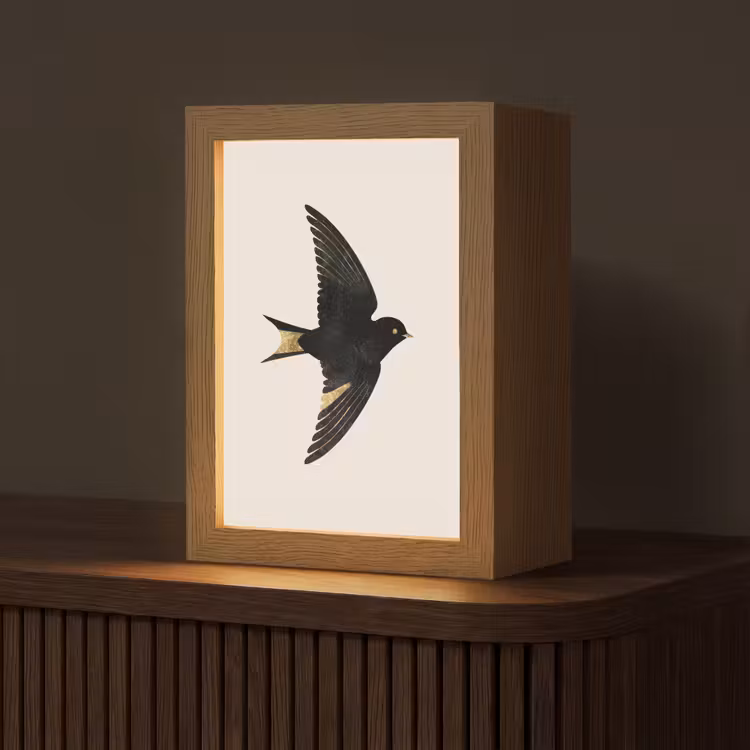 Zwarte zwaluw - Gouden accenten - Lichte achtergrond Light Box met kabel (Tafellamp) klein -z3d_website