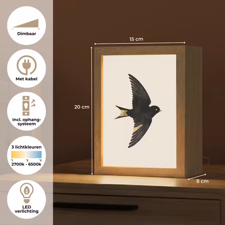 Zwarte zwaluw - Gouden accenten - Lichte achtergrond Light Box met kabel (Tafellamp) klein -USP_NL