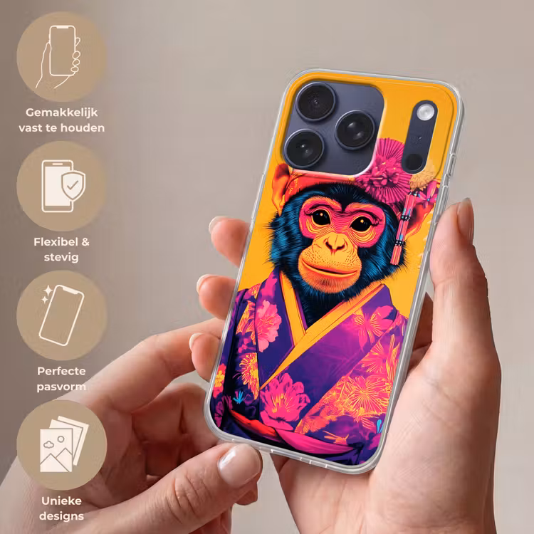 Aap - Kimono - Bloemen - Hoofdtooi Telefoonhoesje iPhone 17 Pro klein -sfeer3_NL