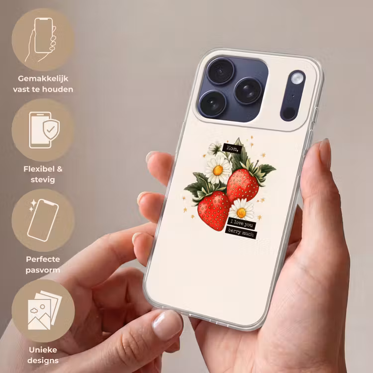 Aardbeien - Madeliefjes - Quote - Sterretjes Telefoonhoesje iPhone 17 Pro klein -sfeer3_NL