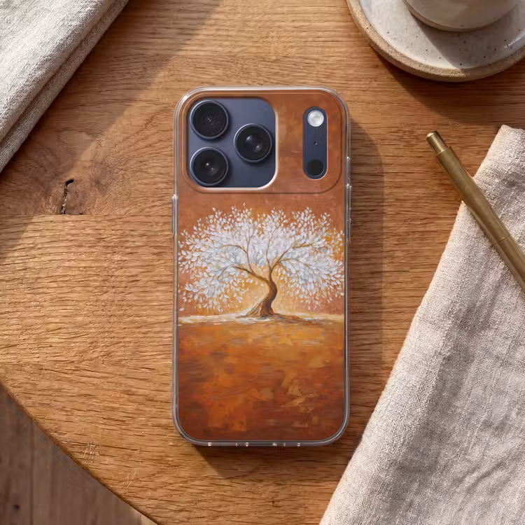 Abstract - Boom - Wit - Bladeren Telefoonhoesje iPhone 17 Pro klein -sfeer1
