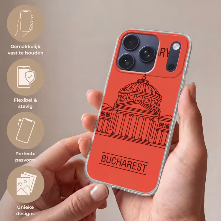 Architectuur - Boekarest - Stedelijk - Lijntekening - Rood Telefoonhoesje iPhone 17 Pro klein -sfeer3_NL