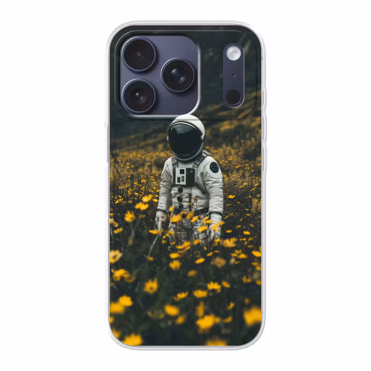 Astronaut - Bloemen - Veld - Geel Telefoonhoesje iPhone 17 Pro klein -3d