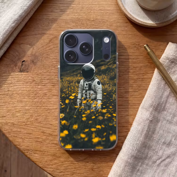 Astronaut - Bloemen - Veld - Geel Telefoonhoesje iPhone 17 Pro klein -sfeer1
