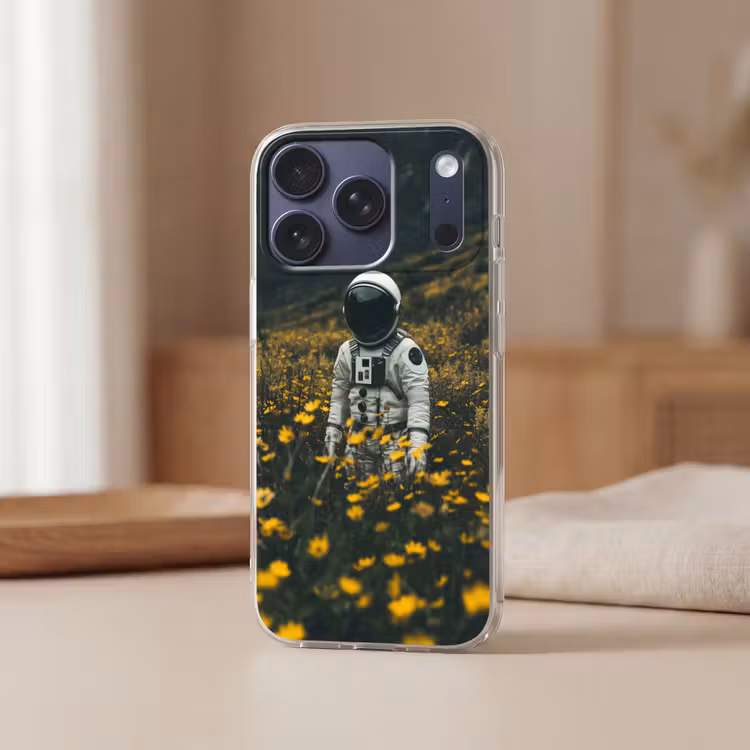 Astronaut - Bloemen - Veld - Geel Telefoonhoesje iPhone 17 Pro klein -sfeer2