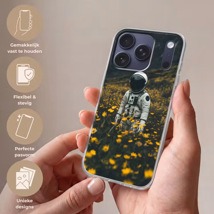 Astronaut - Bloemen - Veld - Geel Telefoonhoesje iPhone 17 Pro klein -sfeer3_NL