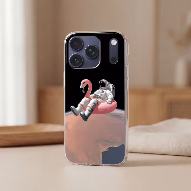 Astronaut - Flamingo - Zwemband - Roze Telefoonhoesje iPhone 17 Pro klein -sfeer2