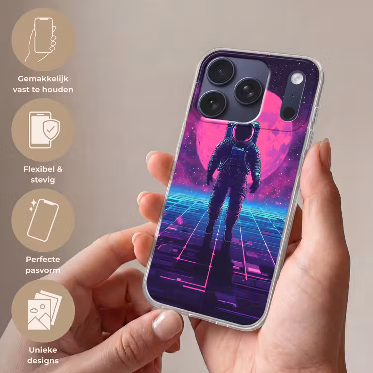 Astronaut - Maan - Roze - Sterrennevels Telefoonhoesje iPhone 17 Pro klein -sfeer3_NL