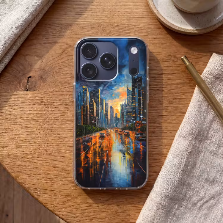 Auto - Skyline - Zon - Blauw Telefoonhoesje iPhone 17 Pro klein -sfeer1