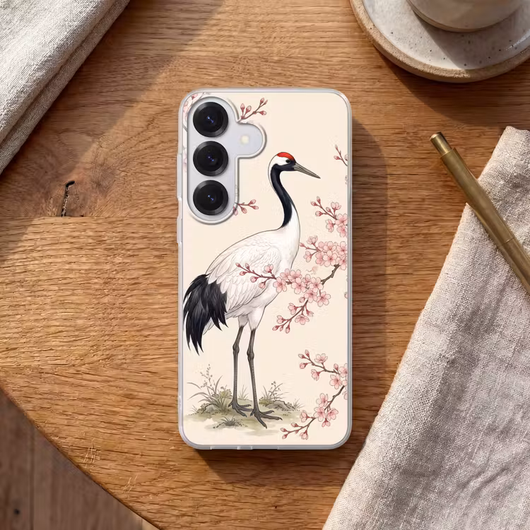 Aziatisch - Kraanvogel - Beige Telefoonhoesje Samsung Galaxy S26 klein -sfeer1