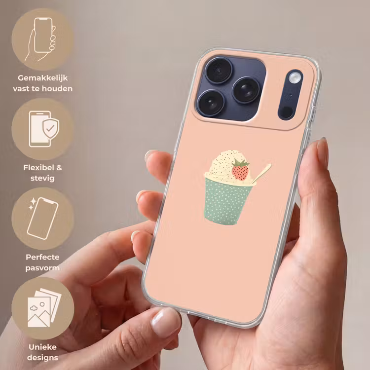 Bakje - Ijs - Aardbei - Roze Telefoonhoesje iPhone 17 Pro klein -sfeer3_NL