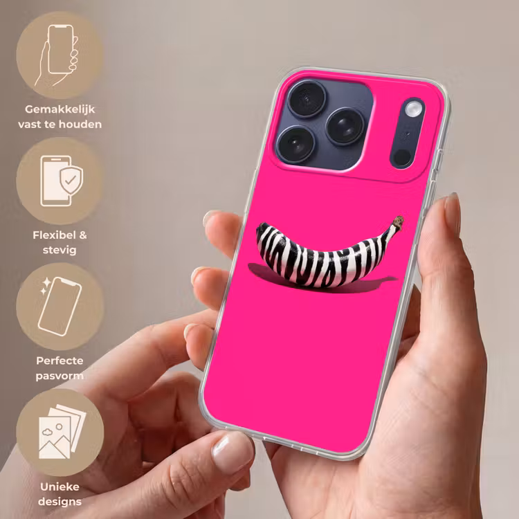 Banaan - Zebraprint - Roze Telefoonhoesje iPhone 17 Pro klein -sfeer3_NL