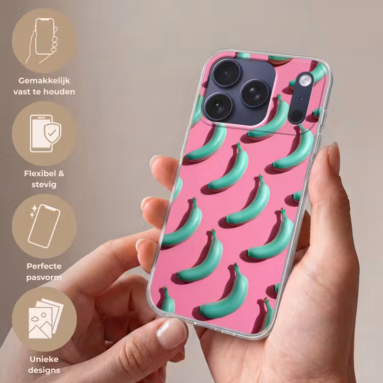 Bananen - Patroon - Blauw - Roze Telefoonhoesje iPhone 17 Pro klein -sfeer3_NL