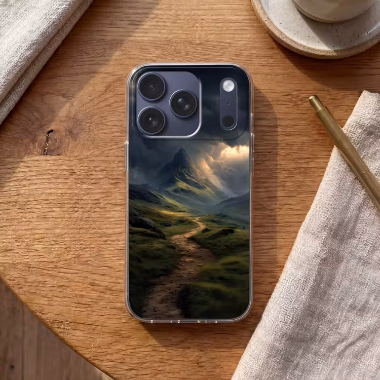 Bergen - Kronkelpad - Groen - Wolken Telefoonhoesje iPhone 17 Pro klein -sfeer1