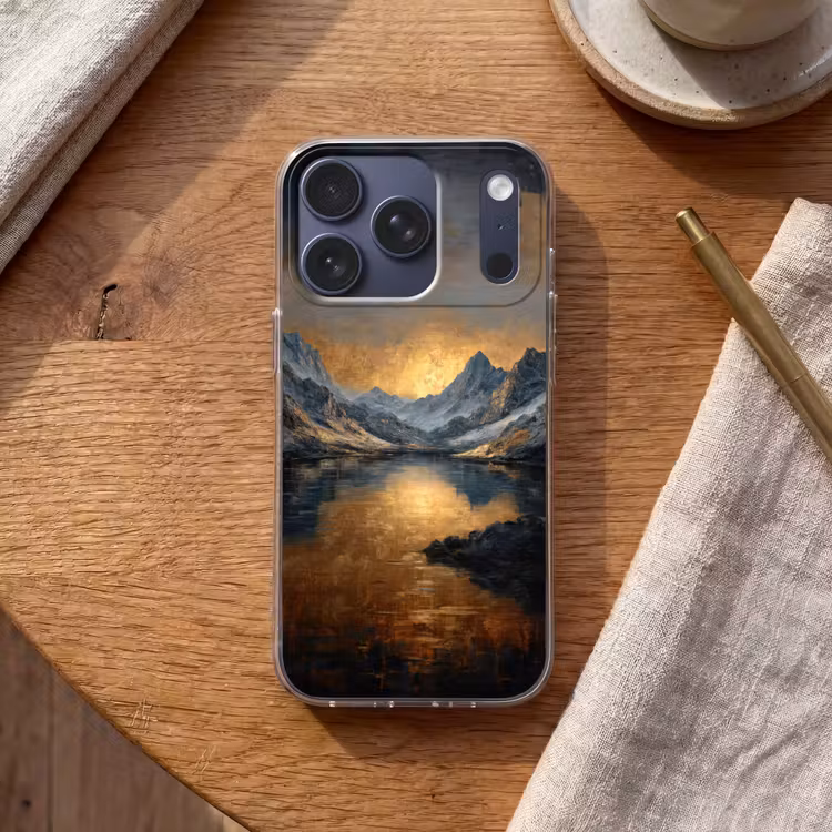 Berglandschap met Gouden Zonsondergang Telefoonhoesje iPhone 17 Pro klein -sfeer1