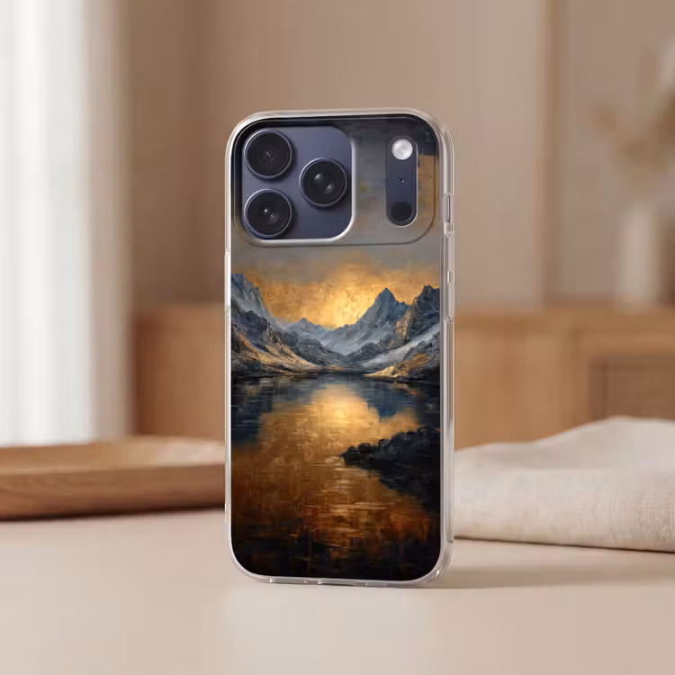 Berglandschap met Gouden Zonsondergang Telefoonhoesje iPhone 17 Pro klein -sfeer2