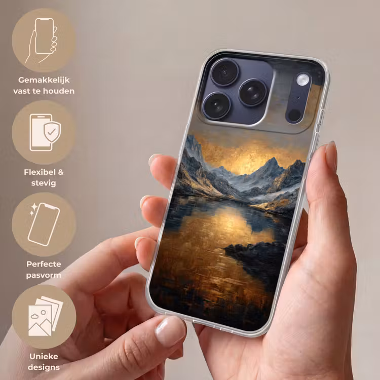 Berglandschap met Gouden Zonsondergang Telefoonhoesje iPhone 17 Pro klein -sfeer3_NL