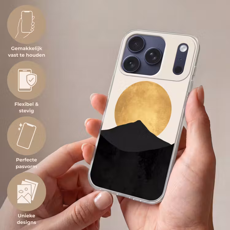 Bergsilhouetten - Gouden cirkel - Beige Telefoonhoesje iPhone 17 Pro klein -sfeer3_NL