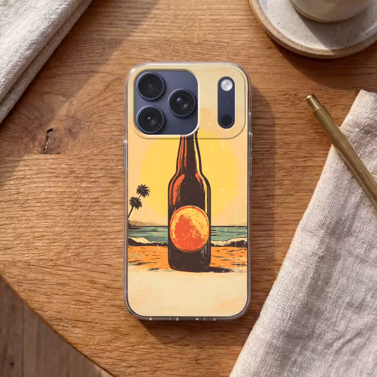 Bierfles - Zonsondergang - Palmbomen - Zee Telefoonhoesje iPhone 17 Pro klein -sfeer1