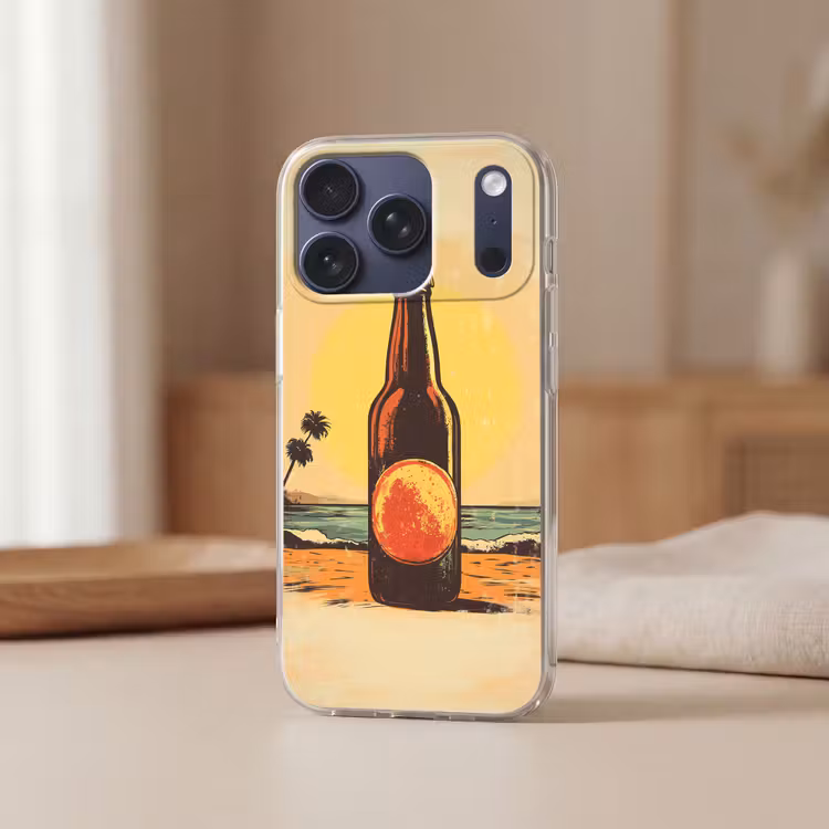 Bierfles - Zonsondergang - Palmbomen - Zee Telefoonhoesje iPhone 17 Pro klein -sfeer2